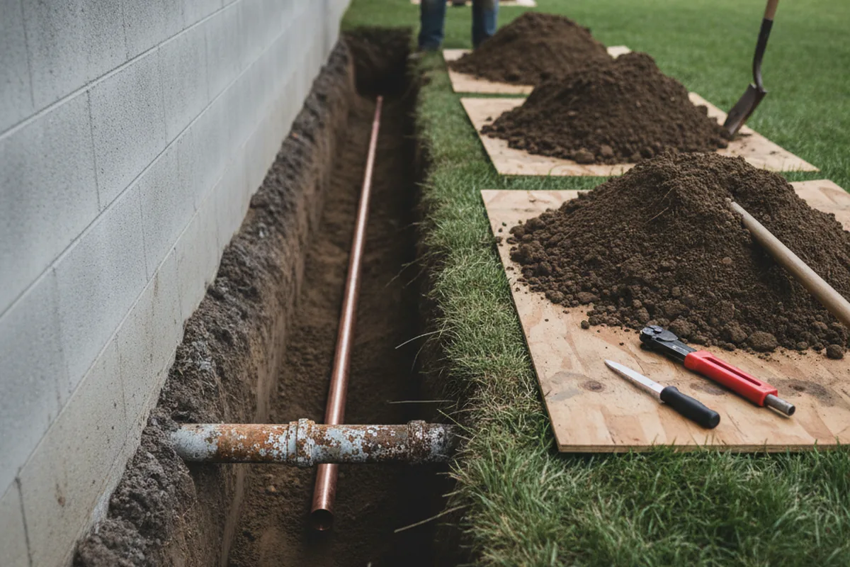 Excavated water line trench during Water Heater Repair in Waldron